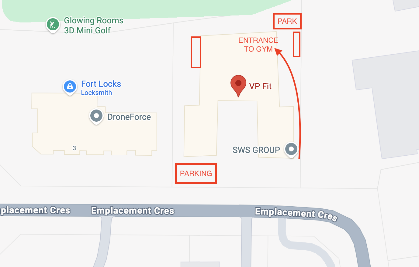 Parking map showing VP Fit entrance and two parking areas on Emplacement Crescent